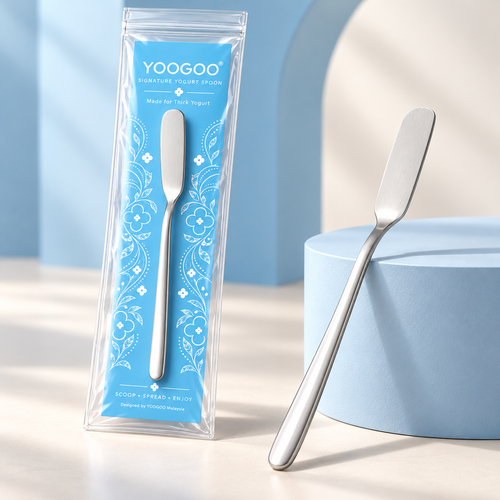 YOOGOO 304 steel yogurt spoon with original pale blue packaging; one spoon per pack