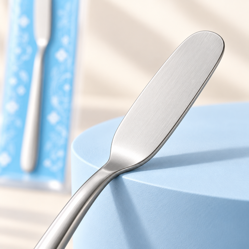 Close-up of the narrow flat rounded 304 stainless steel yogurt spoon head